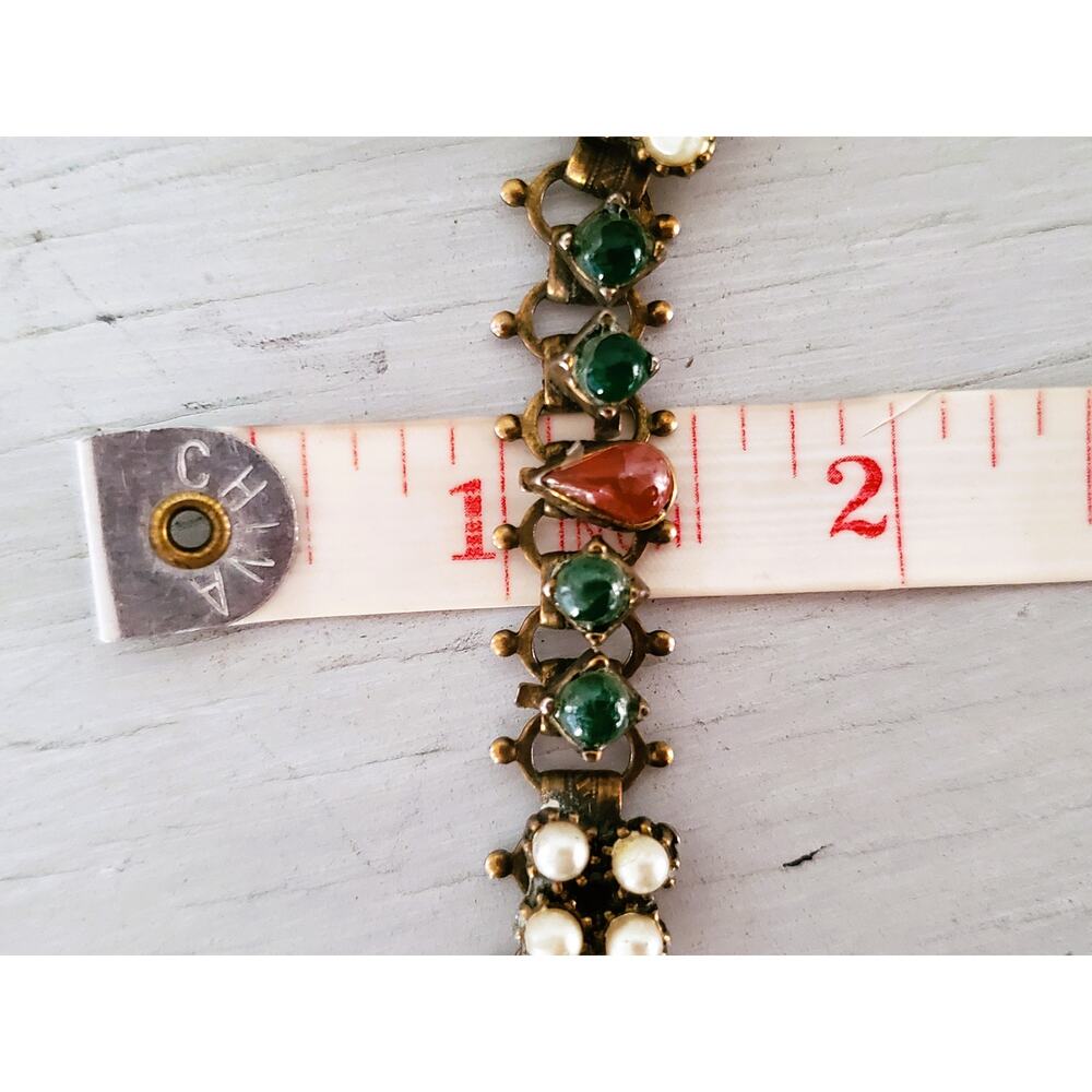 Victorian Revival Brass Filigree Faux Pearl & Glass Stone Bracelet - Picture 8 of 9